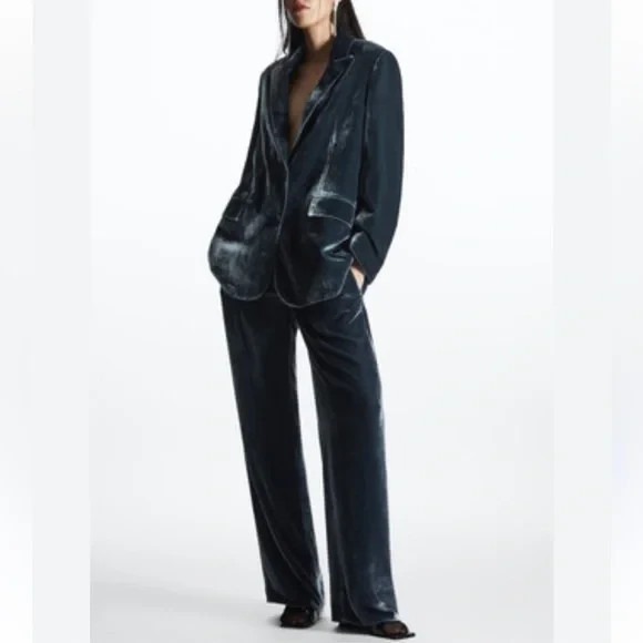 COS Crushed Velvet Silk Rayon Blazer Deep Blue Oversized Holiday Party Sz 10 - Picture 2 of 15